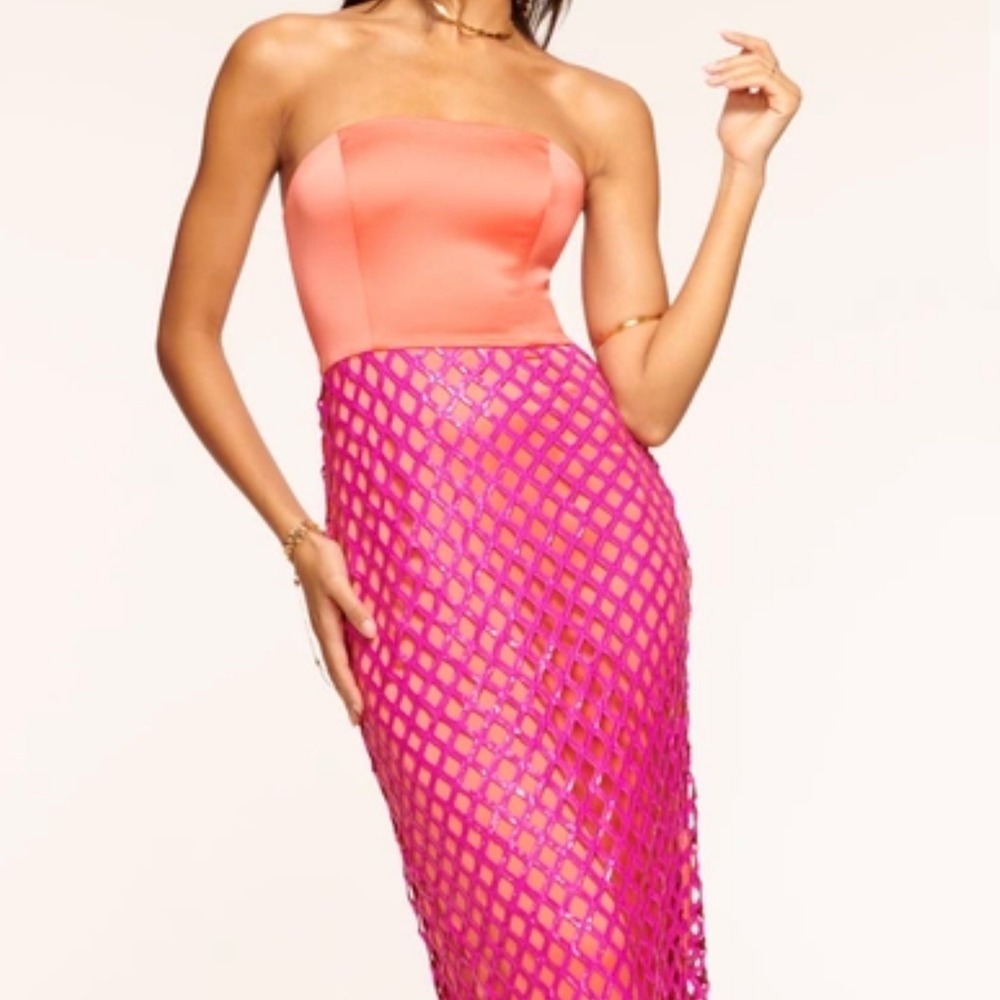 Ramy Brook Giselle‎ Sequin Midi Dress in Guava Lattice Strapless Sequin Size 12